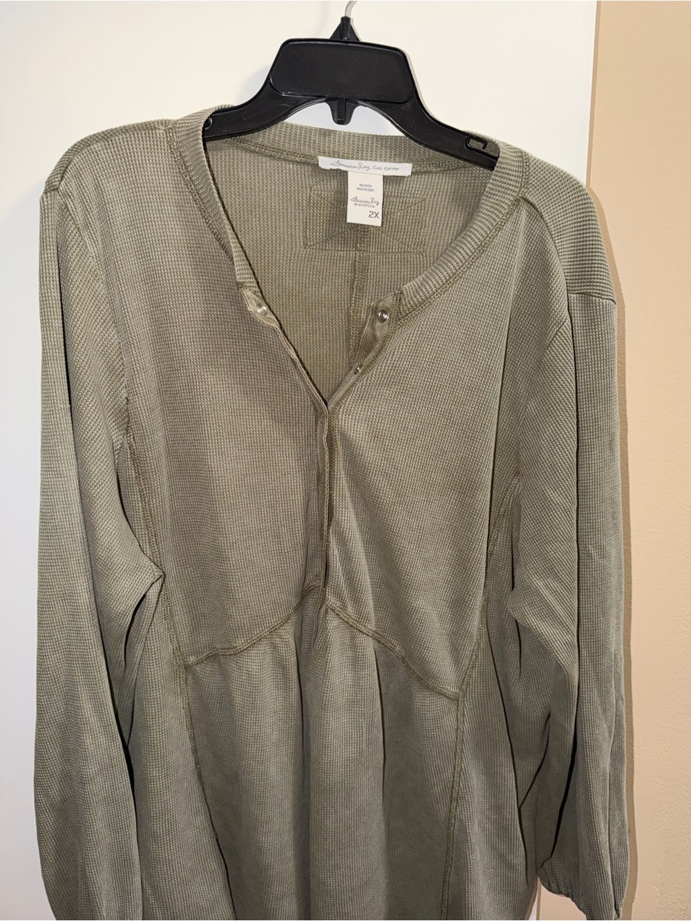 American Rag Olive Waffle Knit Henley Top